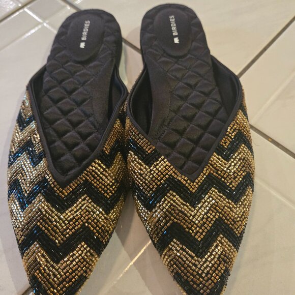 NWOB Birdies The Swan Beaded Slip On Mules Black Gold 9 - Picture 2 of 4